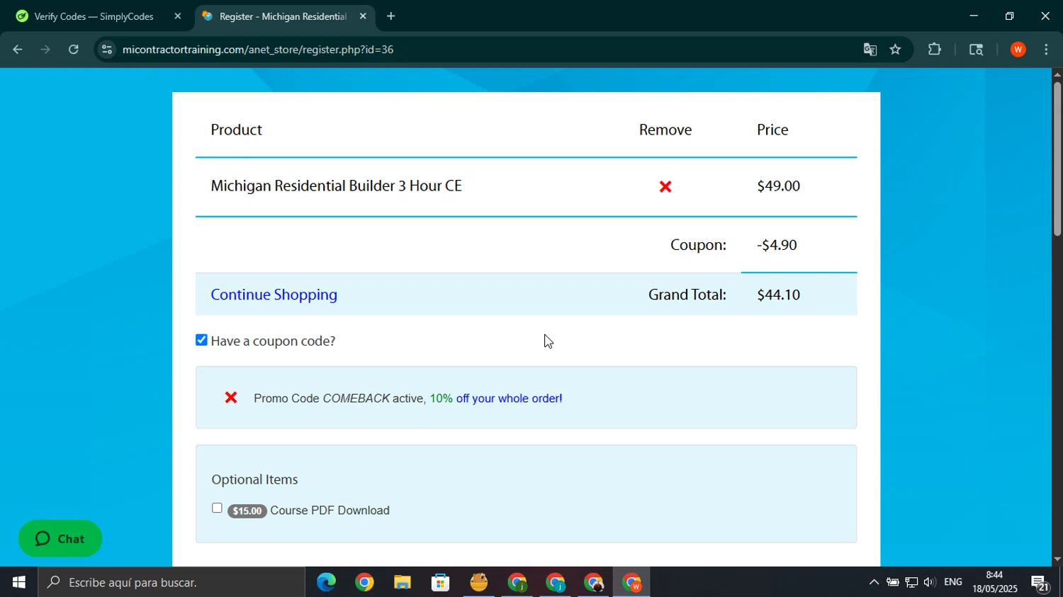 MIContractorTraining.com promo code screenshot showing code COMEBACK applied at MIContractorTraining.com checkout page. Uploaded by SimplyCodes community member wilferji on May 18, 2025
