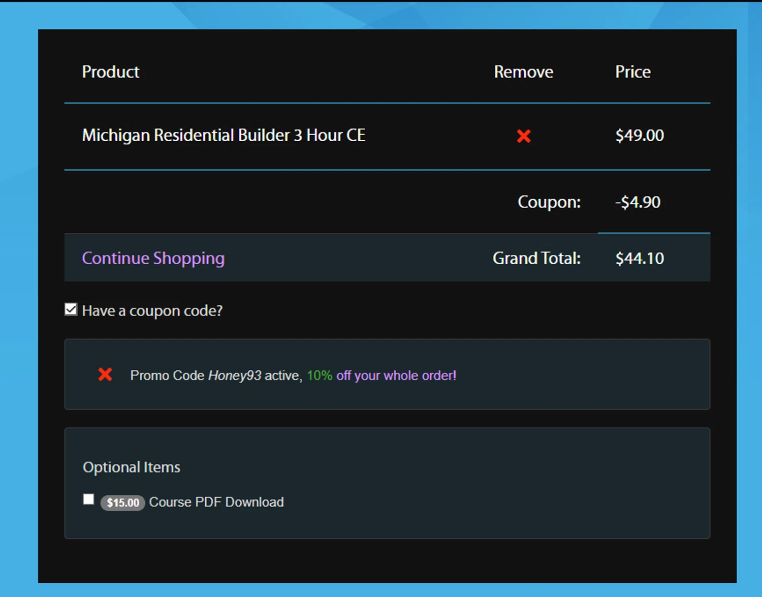 MIContractorTraining.com promo code screenshot showing code honey93 applied at MIContractorTraining.com checkout page. Uploaded by SimplyCodes community member idkxxx on May 19, 2025