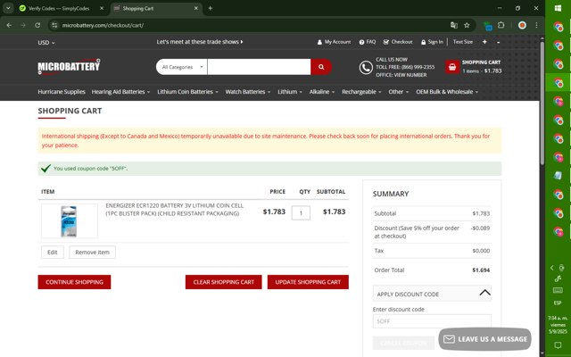 MicroBattery.com checkout page showing MicroBattery.com promo code box | Screenshot taken by SimplyCodes community member on Sep 5, 2025