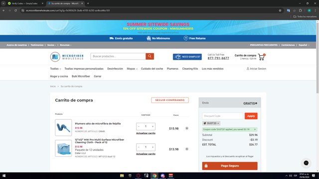 Microfiber Wholesale checkout page showing Microfiber Wholesale discount code box | Screenshot taken by SimplyCodes community member on Jun 29, 2024