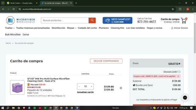 Microfiber Wholesale checkout page showing Microfiber Wholesale discount code box | Screenshot taken by SimplyCodes community member on Jan 19, 2025