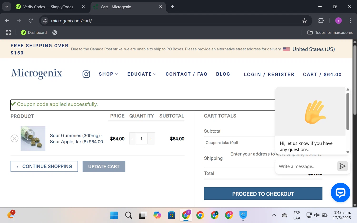 Microgenix coupon code screenshot showing code take10off applied at Microgenix checkout page. Uploaded by SimplyCodes community member FrugalKnight6753 on May 17, 2025