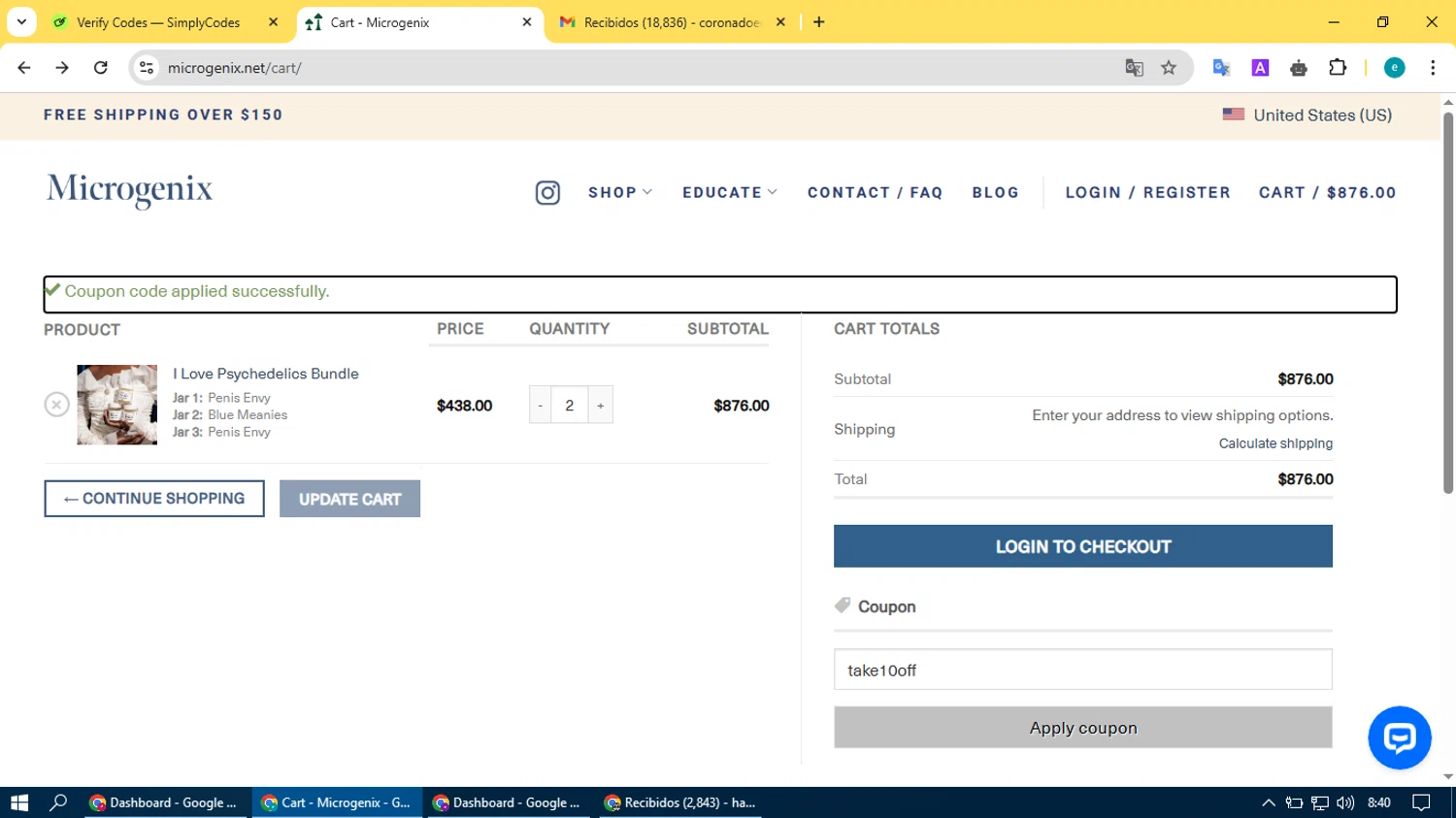 Microgenix coupon code screenshot showing code take10off applied at Microgenix checkout page. Uploaded by SimplyCodes community member BonusVoyager4214 on Mar 31, 2025