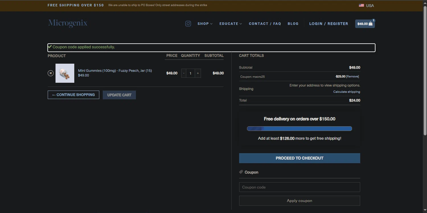 Microgenix coupon code screenshot showing code MACRO25 applied at Microgenix checkout page. Uploaded by SimplyCodes community member _Capi_ on Jun 7, 2025