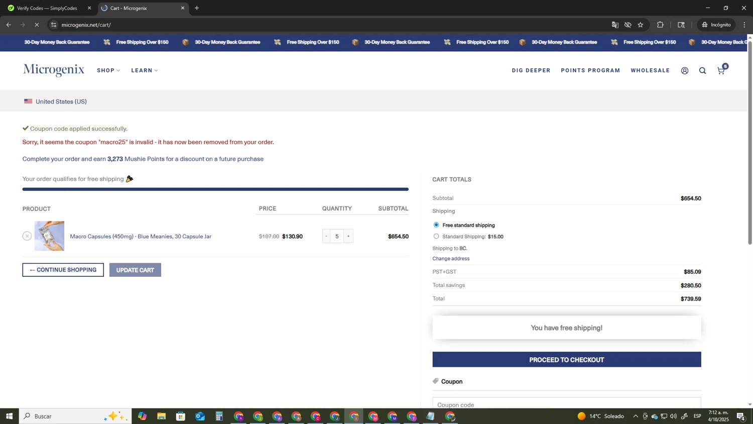 Microgenix coupon code screenshot showing code MACRO25 applied at Microgenix checkout page. Uploaded by SimplyCodes community member pequenokalvin5 on Oct 4, 2025