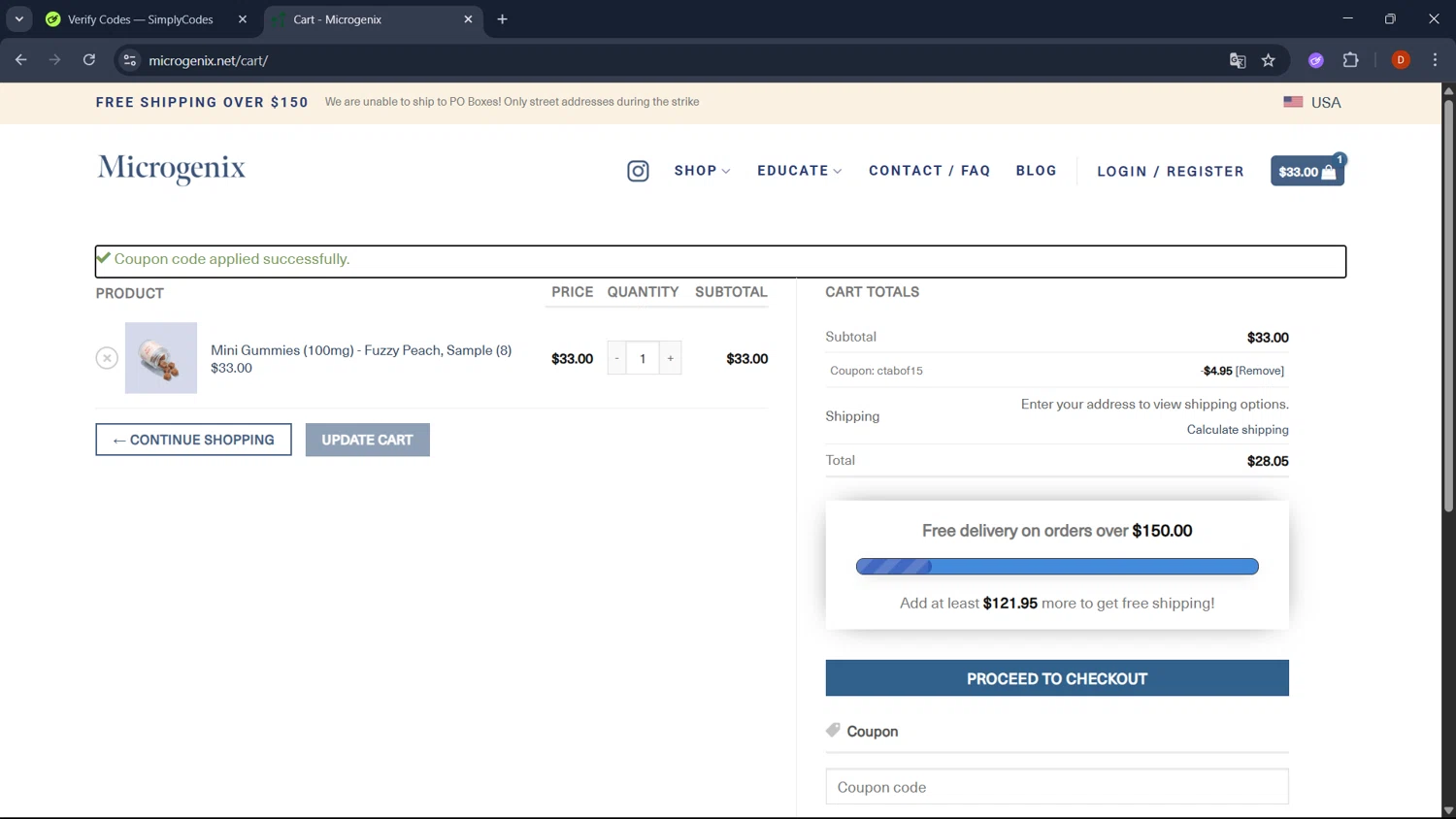 Microgenix coupon code screenshot showing code CTABOF15 applied at Microgenix checkout page. Uploaded by SimplyCodes community member RoyalSaver3150 on Jun 7, 2025