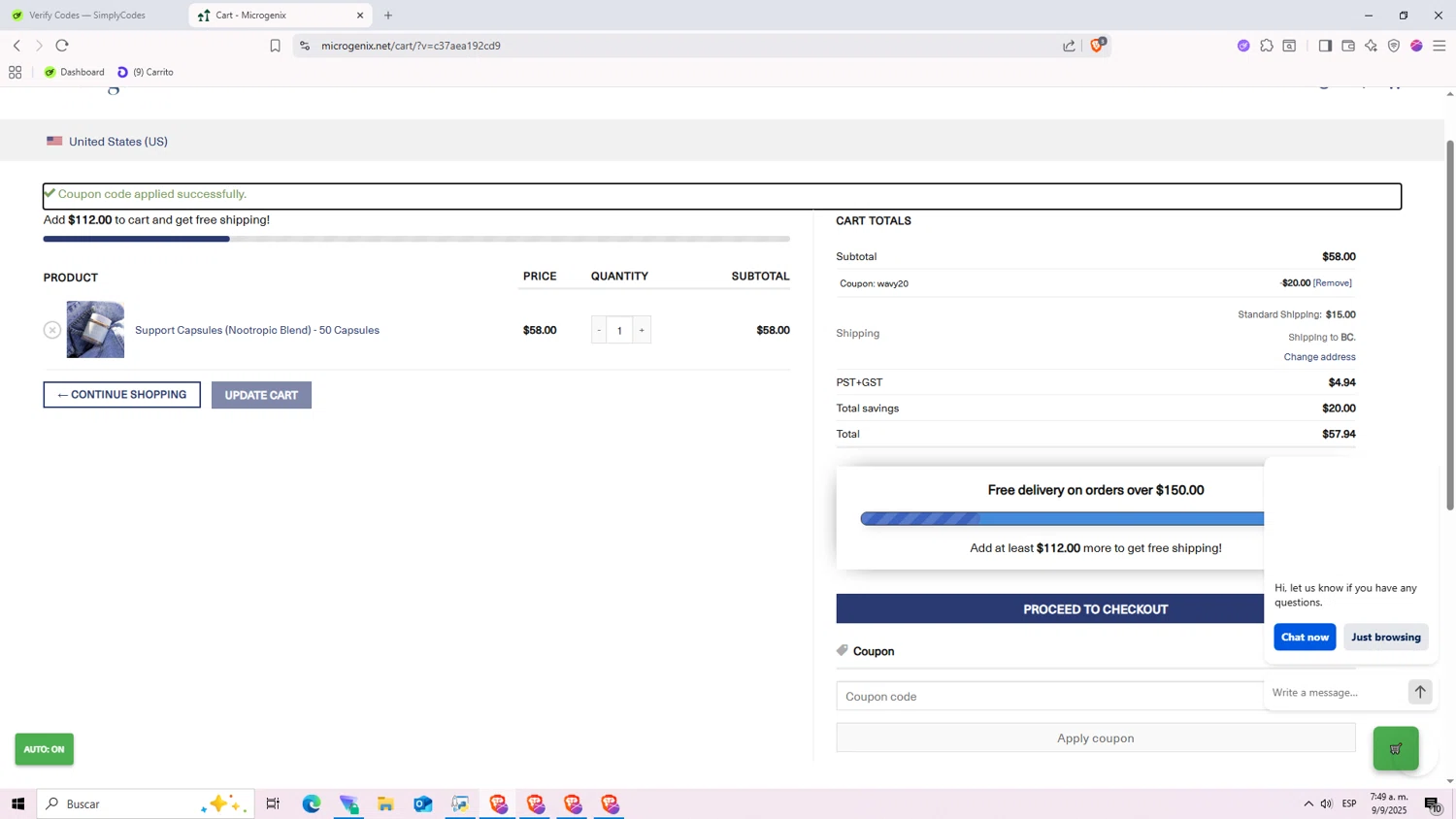Microgenix coupon code screenshot showing code WAVY20 applied at Microgenix checkout page. Uploaded by SimplyCodes community member Nezukooo on Sep 9, 2025