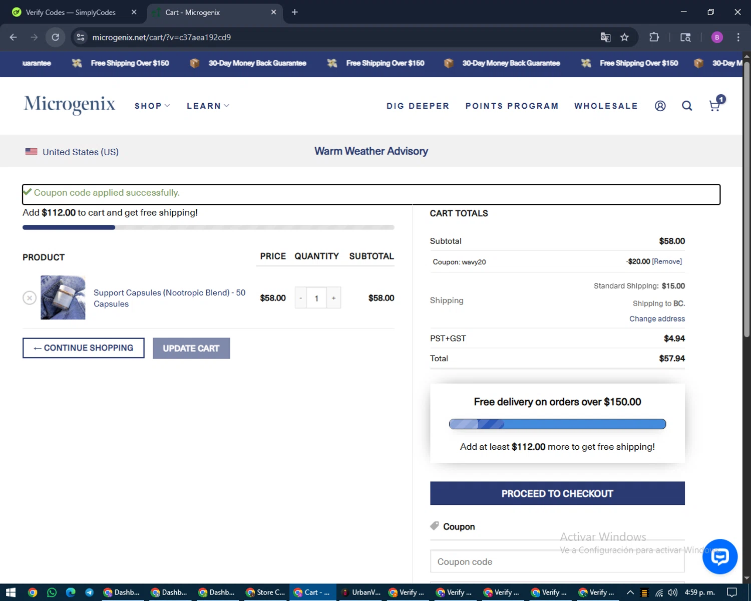 Microgenix coupon code screenshot showing code WAVY20 applied at Microgenix checkout page. Uploaded by SimplyCodes community member travisscott on Aug 11, 2025