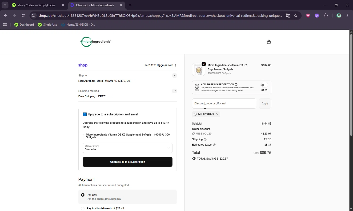 Micro Ingredients discount code screenshot showing code MISSYOU20 applied at Micro Ingredients checkout page. Uploaded by SimplyCodes community member BudgetWizard6950 on Oct 6, 2025