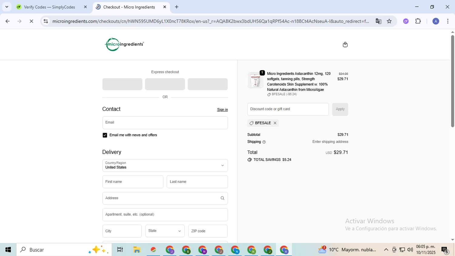Micro Ingredients discount code screenshot showing code Bfesale applied at Micro Ingredients checkout page. Uploaded by SimplyCodes community member TreasureCaptain5531 on Nov 10, 2025