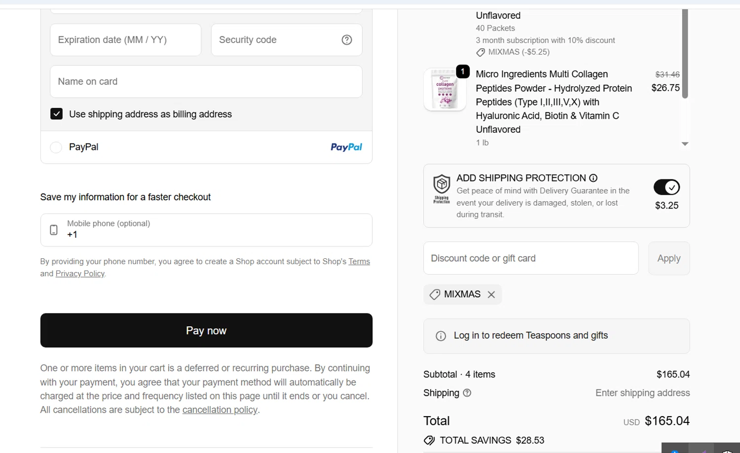 Micro Ingredients discount code screenshot showing code mixmas applied at Micro Ingredients checkout page. Uploaded by SimplyCodes community member CodeTiger886 on Jan 31, 2026