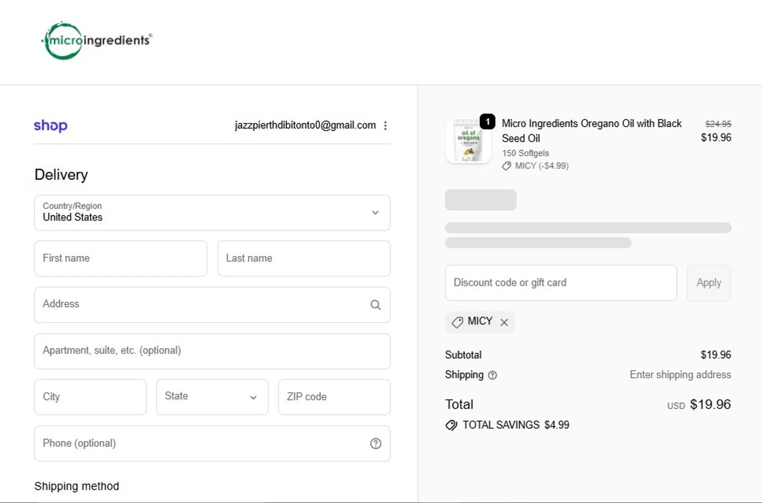 Micro Ingredients discount code screenshot showing code MICY applied at Micro Ingredients checkout page. Uploaded by SimplyCodes community member RebatePilot8693 on Feb 6, 2026