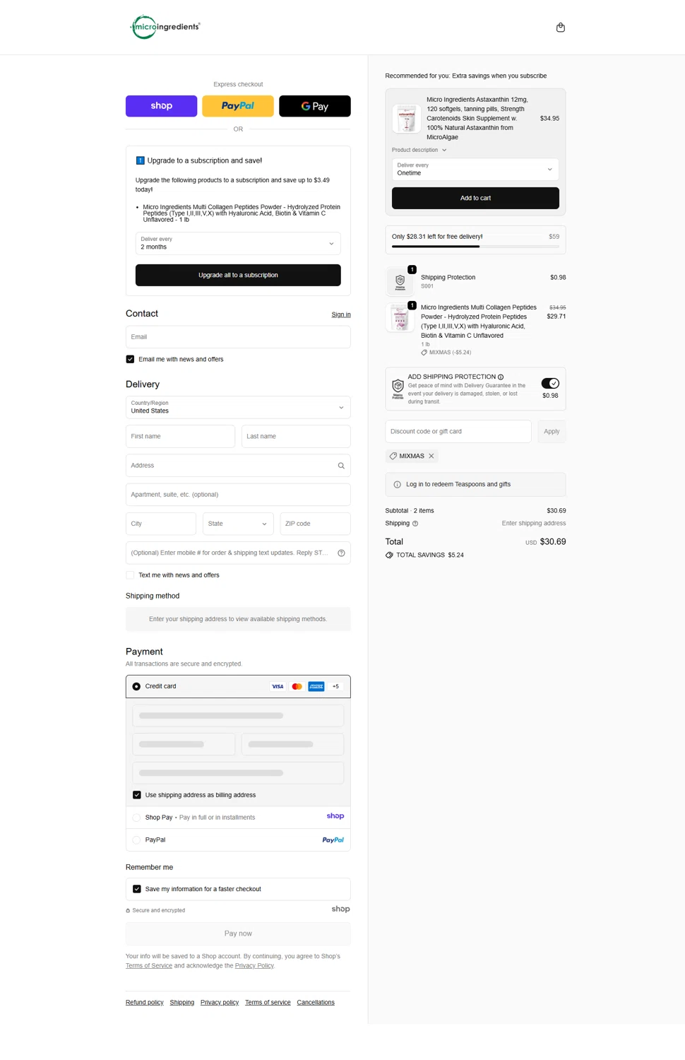 Micro Ingredients discount code screenshot showing code mixmas applied at Micro Ingredients checkout page. Uploaded by SimplyCodes community member RickhiK on Dec 23, 2025