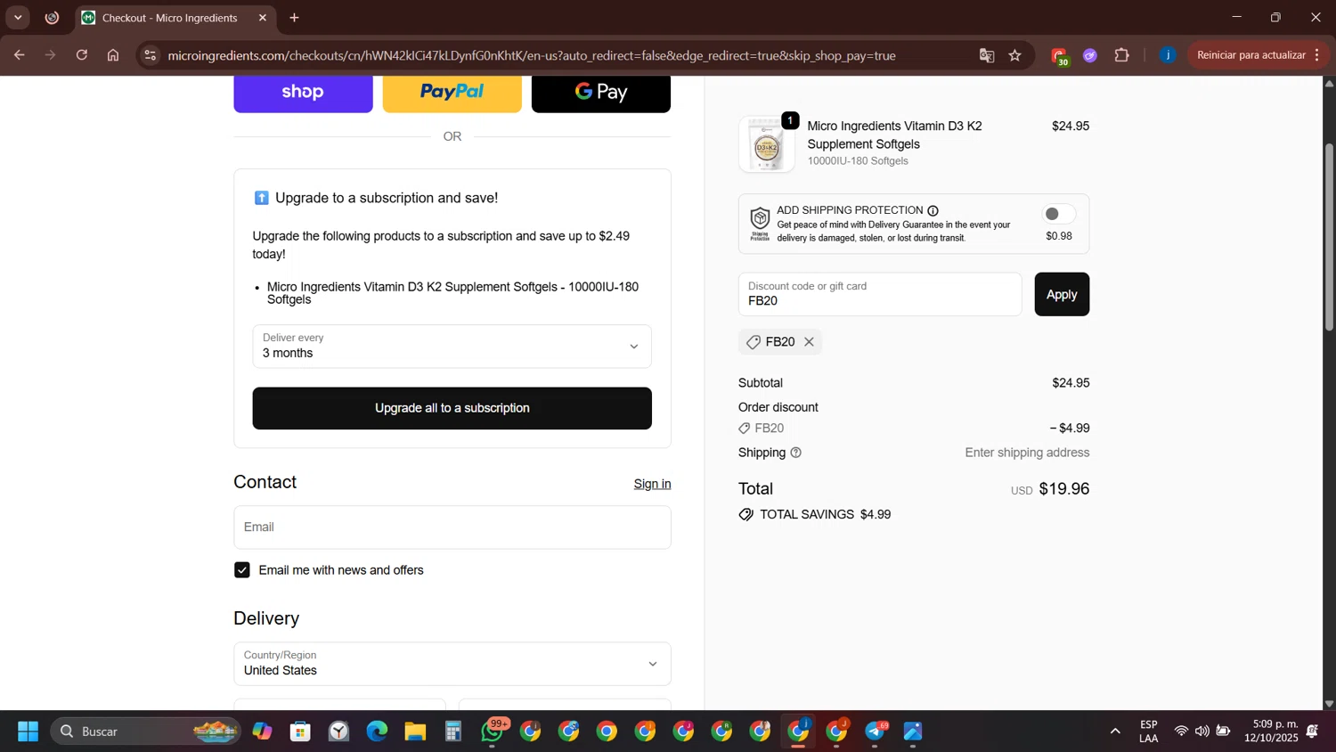 Micro Ingredients discount code screenshot showing code FB20 applied at Micro Ingredients checkout page. Uploaded by SimplyCodes community member ShieldAce8260 on Oct 12, 2025