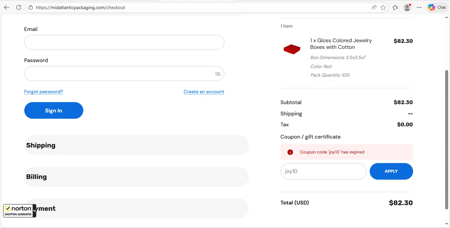 Mid-Atlantic Packaging promo code screenshot showing code joy10 applied at Mid-Atlantic Packaging checkout page. Uploaded by SimplyCodes community member MoneyRanger9663 on Dec 27, 2025