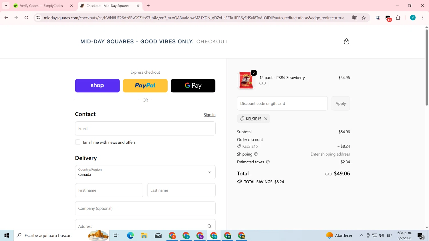Mid-Day Squares promo code screenshot showing code KELSIE15 applied at Mid-Day Squares checkout page. Uploaded by SimplyCodes community member lyffytaro on Feb 6, 2026