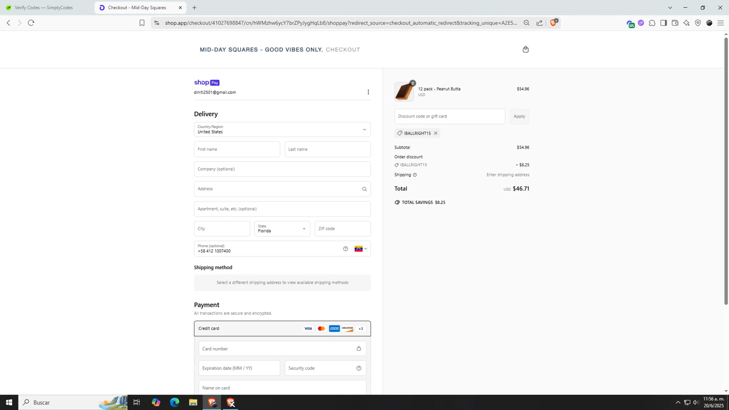 Mid-Day Squares promo code screenshot showing code IBALLRIGHT15 applied at Mid-Day Squares checkout page. Uploaded by SimplyCodes community member AnthonyGTX on Jun 20, 2025