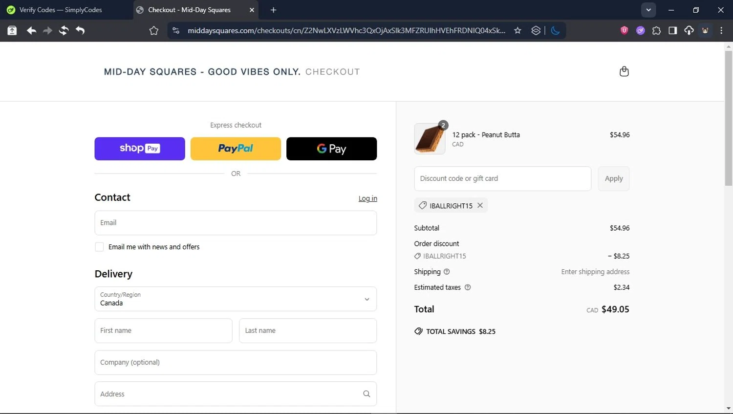 Mid-Day Squares promo code screenshot showing code IBALLRIGHT15 applied at Mid-Day Squares checkout page. Uploaded by SimplyCodes community member BrilliantTitan6909 on Jun 20, 2025