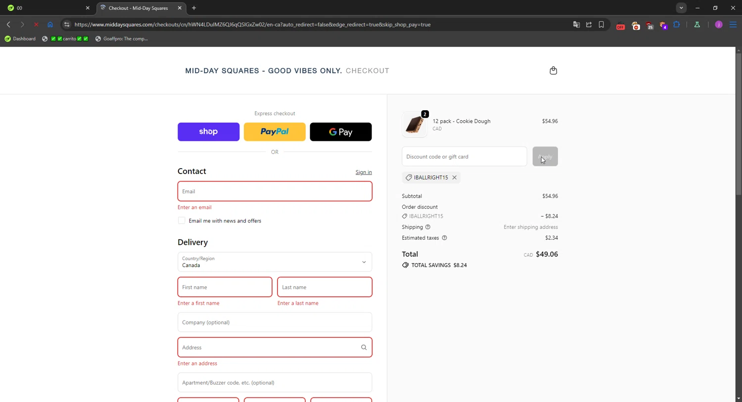 Mid-Day Squares promo code screenshot showing code IBALLRIGHT15 applied at Mid-Day Squares checkout page. Uploaded by SimplyCodes community member WonderMaverick6123 on Oct 20, 2025