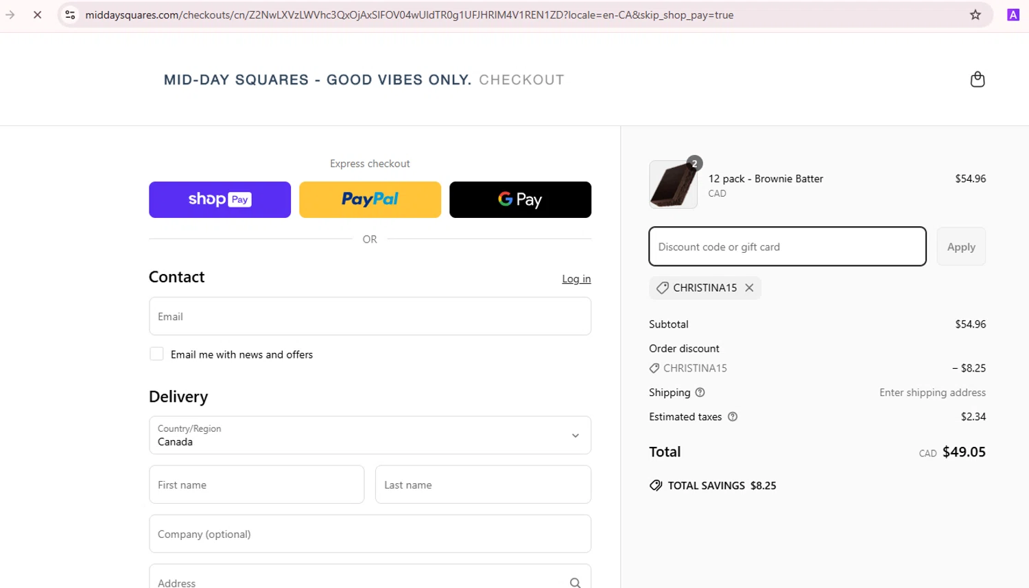 Mid-Day Squares promo code screenshot showing code CHRISTINA15 applied at Mid-Day Squares checkout page. Uploaded by SimplyCodes community member Teamgorila on Mar 31, 2025