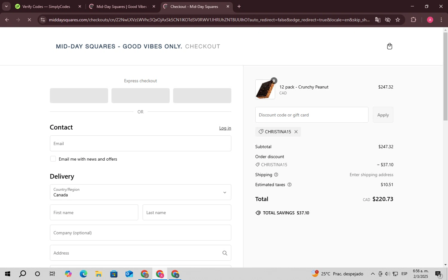 Mid-Day Squares promo code screenshot showing code CHRISTINA15 applied at Mid-Day Squares checkout page. Uploaded by SimplyCodes community member SaleScholar6713 on Mar 2, 2025