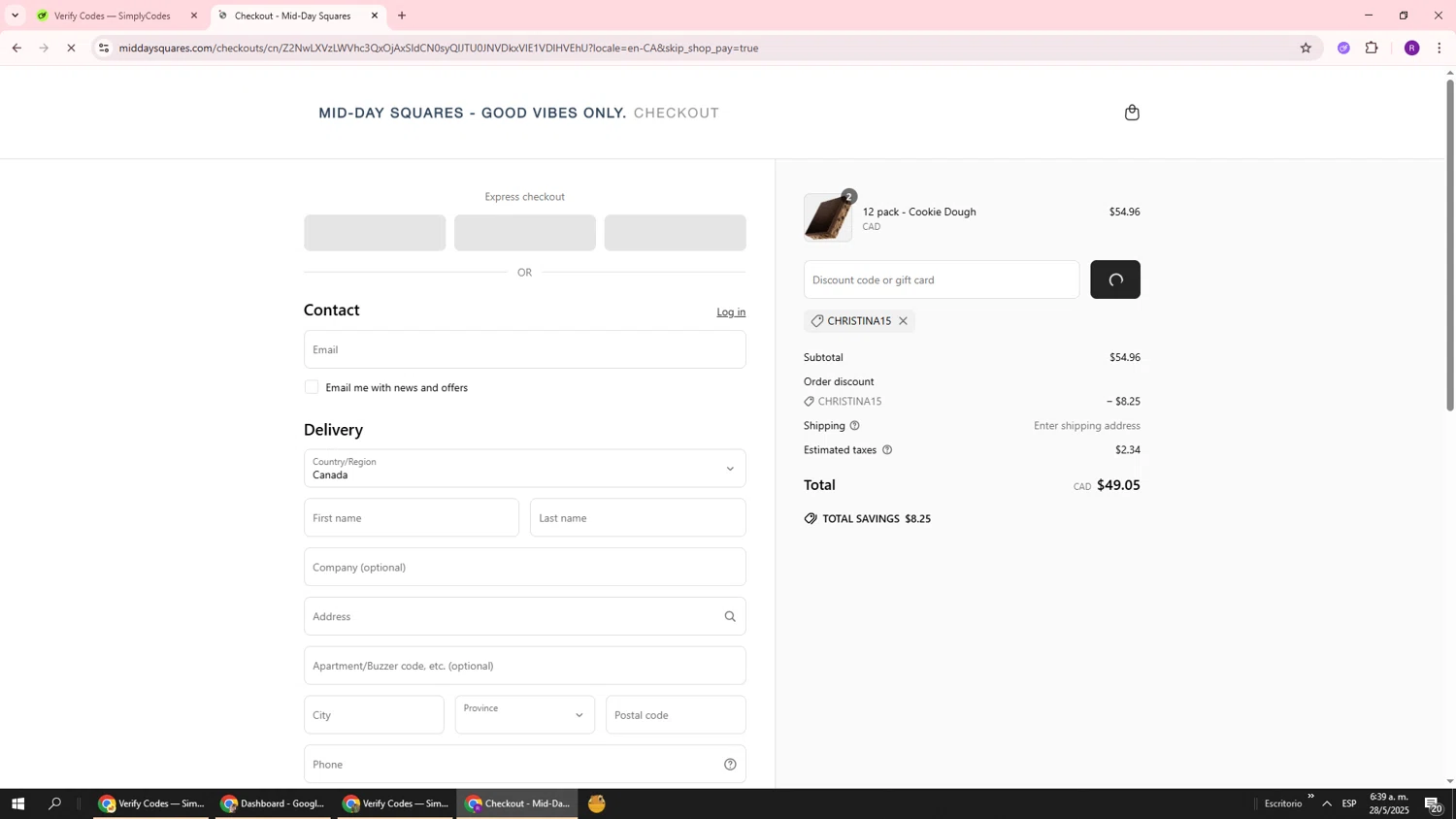 Mid-Day Squares promo code screenshot showing code CHRISTINA15 applied at Mid-Day Squares checkout page. Uploaded by SimplyCodes community member ukemochi on May 28, 2025