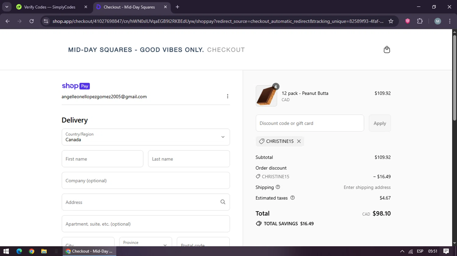 Mid-Day Squares promo code screenshot showing code CHRISTINe15 applied at Mid-Day Squares checkout page. Uploaded by SimplyCodes community member maraxo on Jul 21, 2025