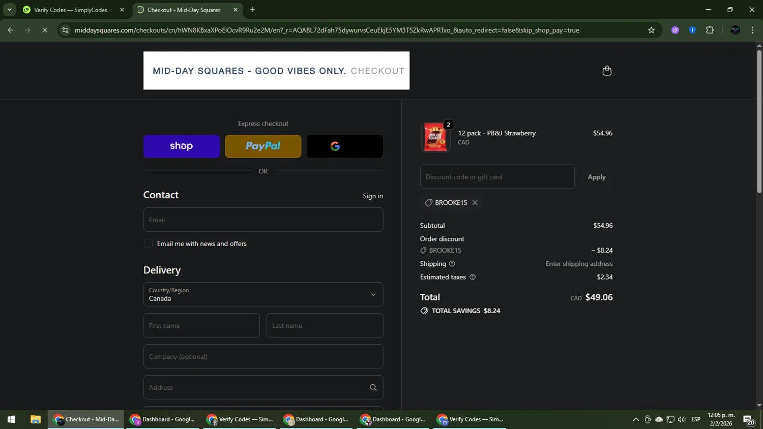 Mid-Day Squares promo code screenshot showing code BROOKE15 applied at Mid-Day Squares checkout page. Uploaded by SimplyCodes community member CarmenVGR on Feb 2, 2026