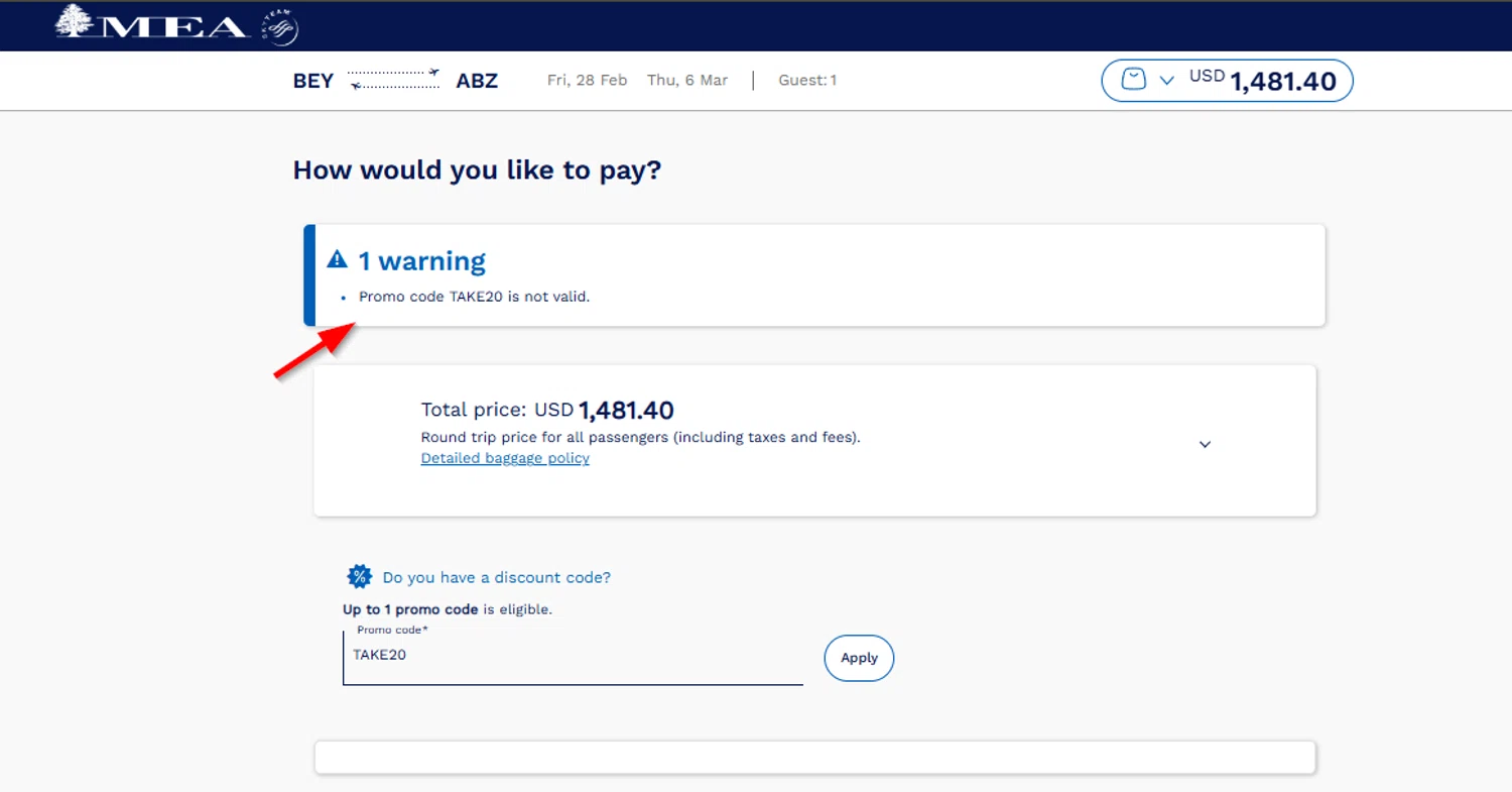 Middle East Airlines discount code screenshot showing code TAKE20 applied at Middle East Airlines checkout page. Uploaded by SimplyCodes community member SimplyCVerlie on Feb 27, 2025