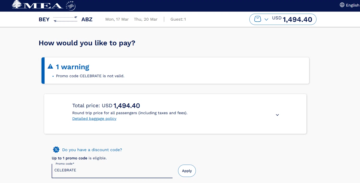 Middle East Airlines discount code screenshot showing code CELEBRATE applied at Middle East Airlines checkout page. Uploaded by SimplyCodes community member Lioniel on Mar 13, 2025