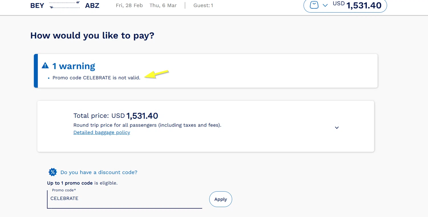 Middle East Airlines discount code screenshot showing code CELEBRATE applied at Middle East Airlines checkout page. Uploaded by SimplyCodes community member Lioniel on Feb 27, 2025