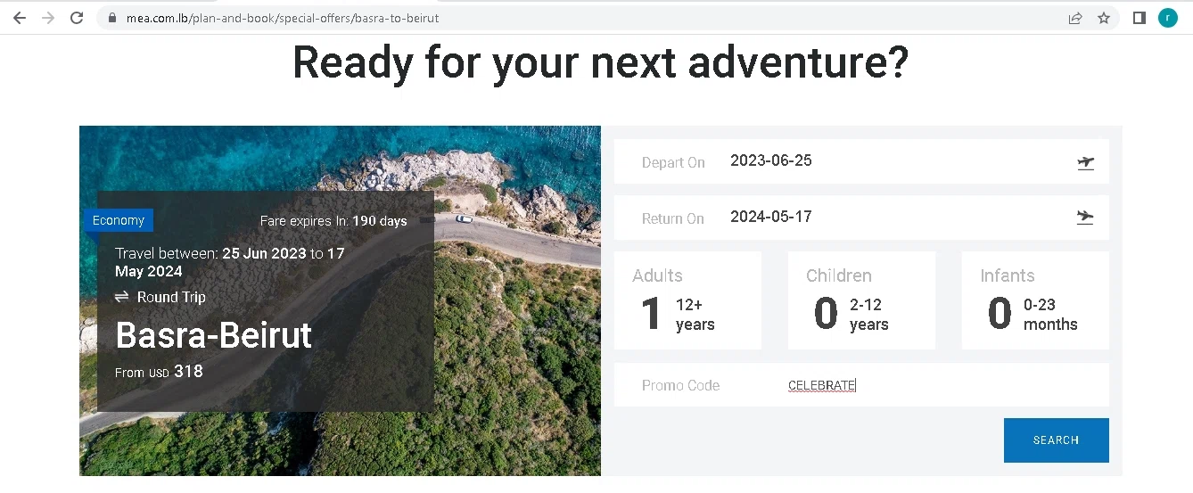 Middle East Airlines checkout page showing Middle East Airlines discount code box | Screenshot taken by SimplyCodes community member on Jun 24, 2023