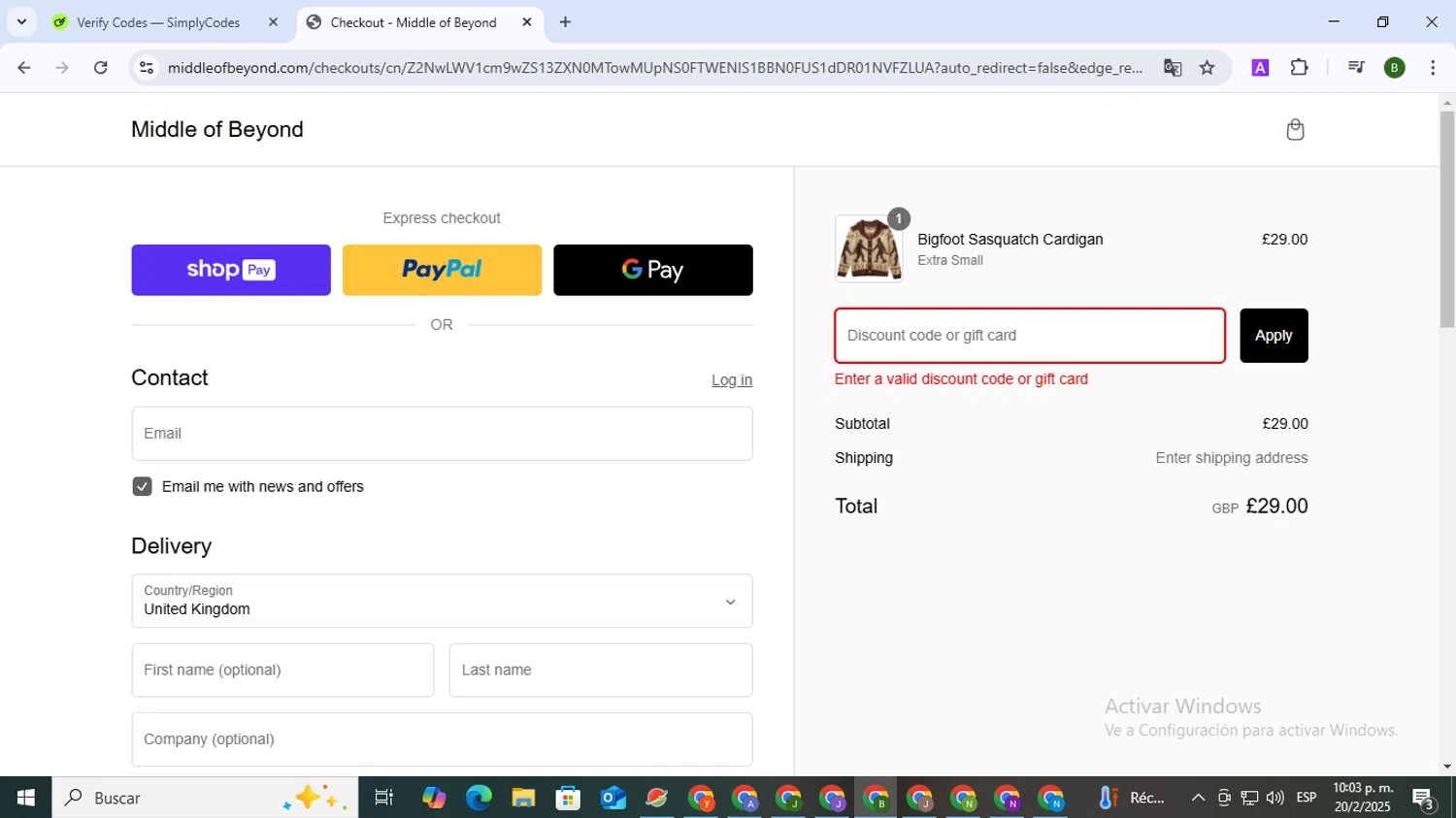 Middle of Beyond discount code screenshot showing code MOB10 applied at Middle of Beyond checkout page. Uploaded by SimplyCodes community member SaleVirtuoso5993 on Feb 21, 2025