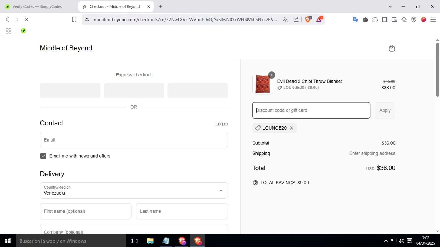 Middle of Beyond checkout page showing Middle of Beyond discount code box | Screenshot taken by SimplyCodes community member on Apr 4, 2025
