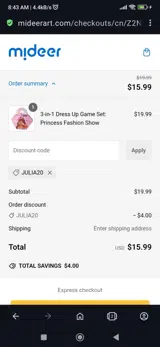 Julia20 coupon verification screenshot