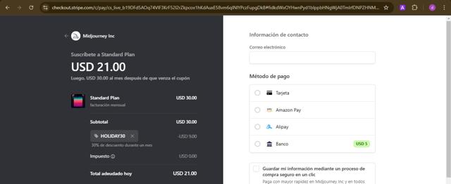 Midjourney checkout page showing Midjourney promo code box | Screenshot taken by SimplyCodes community member on Dec 27, 2024