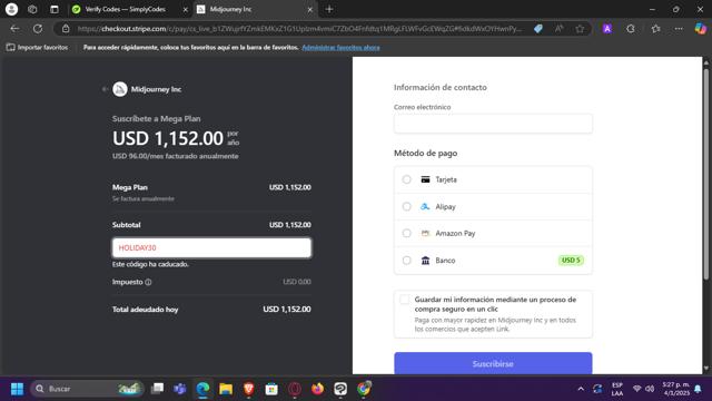Midjourney checkout page showing Midjourney promo code box | Screenshot taken by SimplyCodes community member on Jan 4, 2025