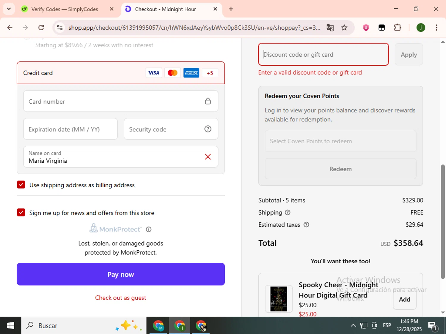 Midnight Hour discount code screenshot showing code GIFTINGHEX applied at Midnight Hour checkout page. Uploaded by SimplyCodes community member SavingsCollector2592 on Dec 28, 2025