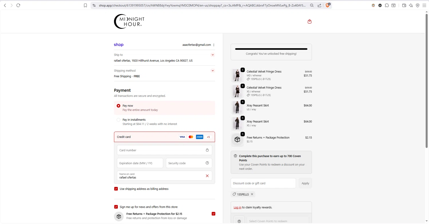 Midnight Hour checkout page showing Midnight Hour discount code box | Screenshot taken by SimplyCodes community member on Feb 13, 2026