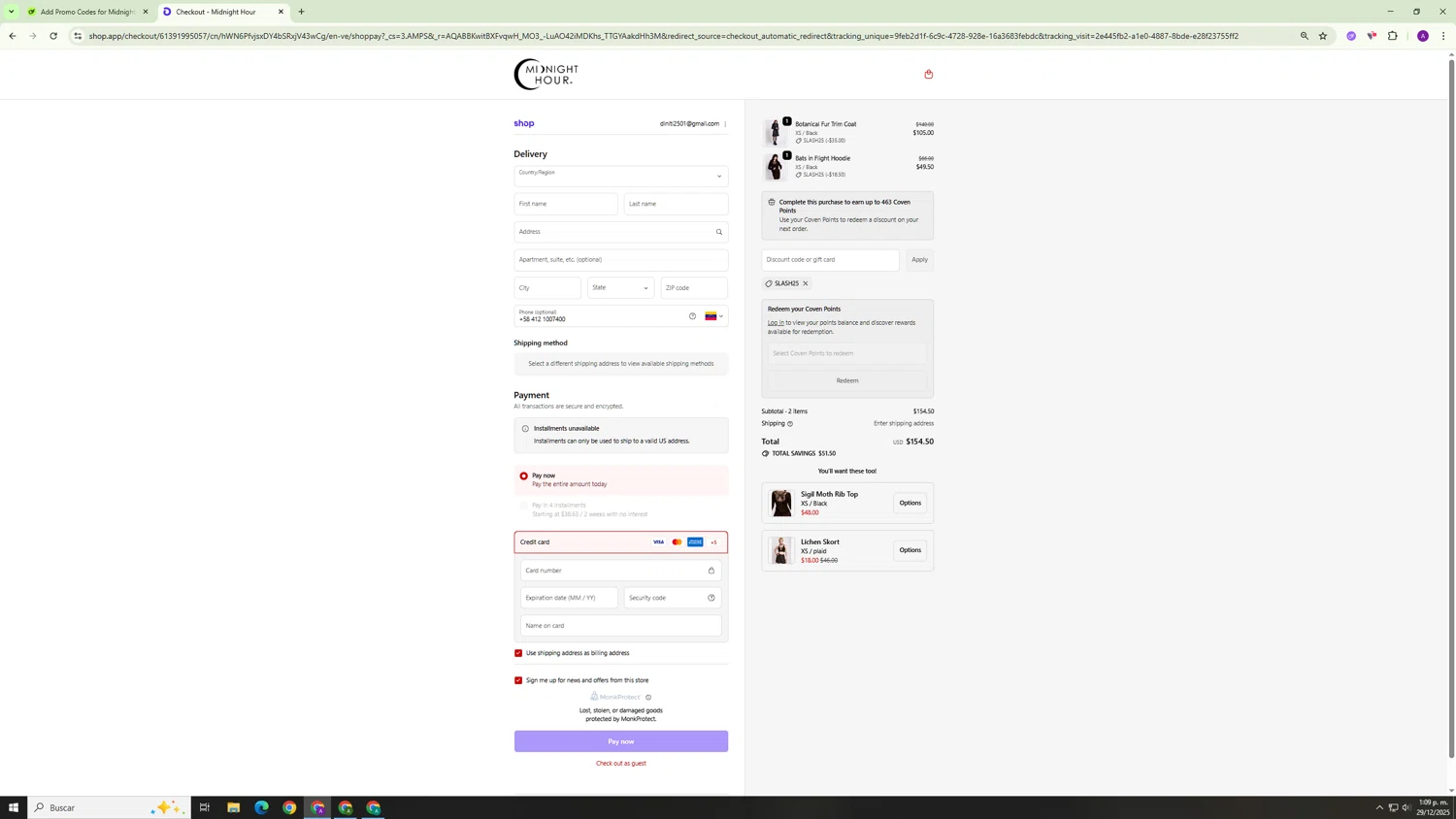 Midnight Hour discount code screenshot showing code SLASH25 applied at Midnight Hour checkout page. Uploaded by SimplyCodes community member Hasta_El_Final on Dec 29, 2025