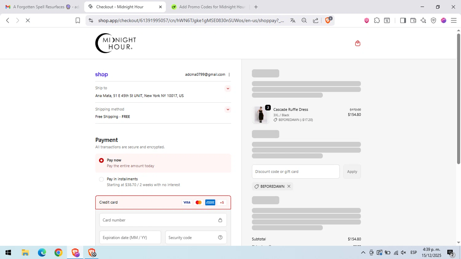 Midnight Hour discount code screenshot showing code BEFOREDAWN applied at Midnight Hour checkout page. Uploaded by SimplyCodes community member peachee on Dec 15, 2025