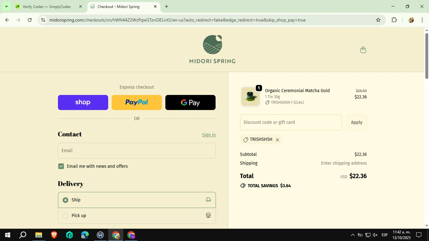 Midori Spring discount code screenshot showing code TRISHSHSH applied at Midori Spring checkout page. Uploaded by SimplyCodes community member CashExpert3657 on Oct 13, 2025
