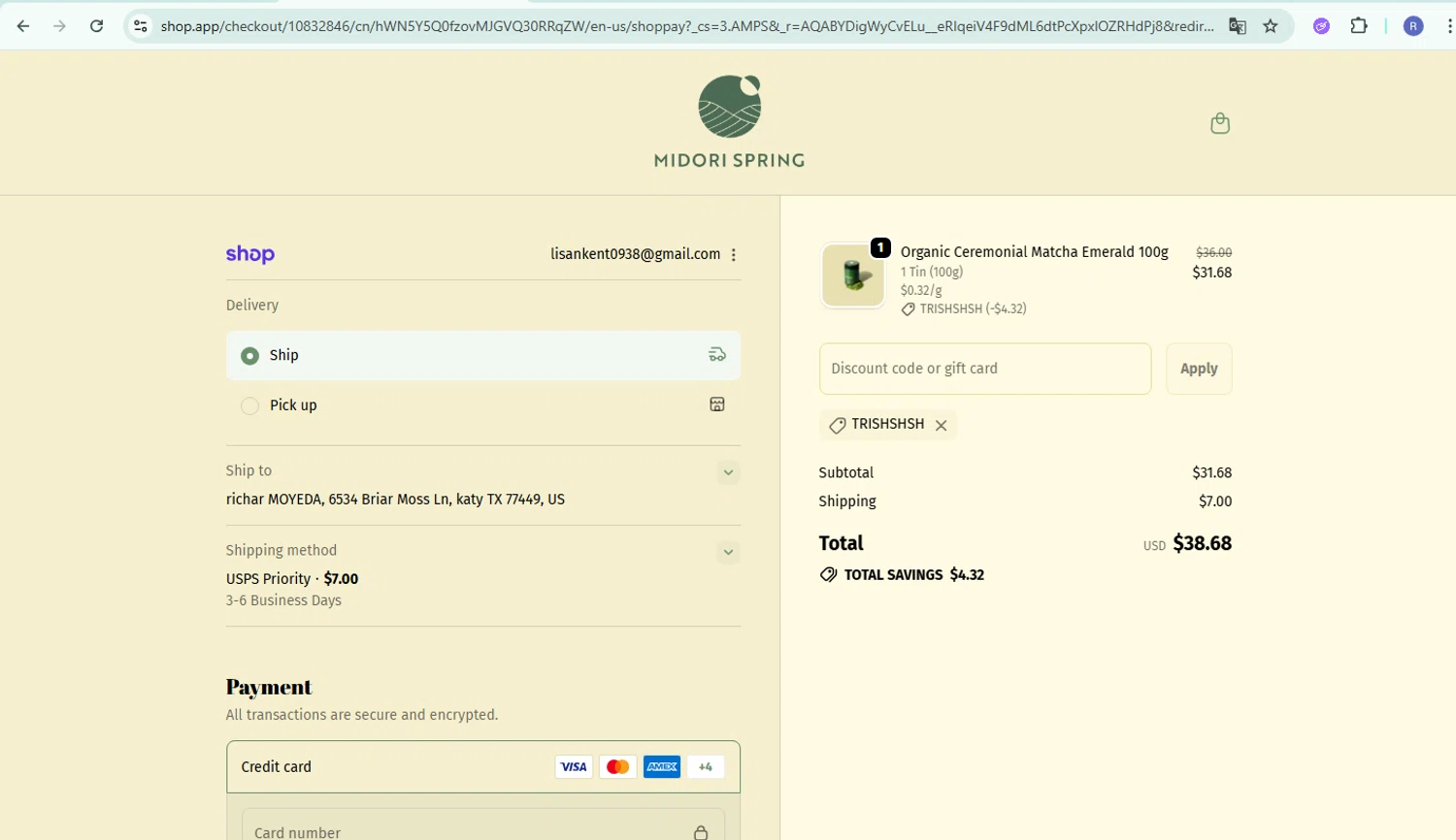 Midori Spring discount code screenshot showing code TRISHSHSH applied at Midori Spring checkout page. Uploaded by SimplyCodes community member CoinPilot9113 on Nov 21, 2025