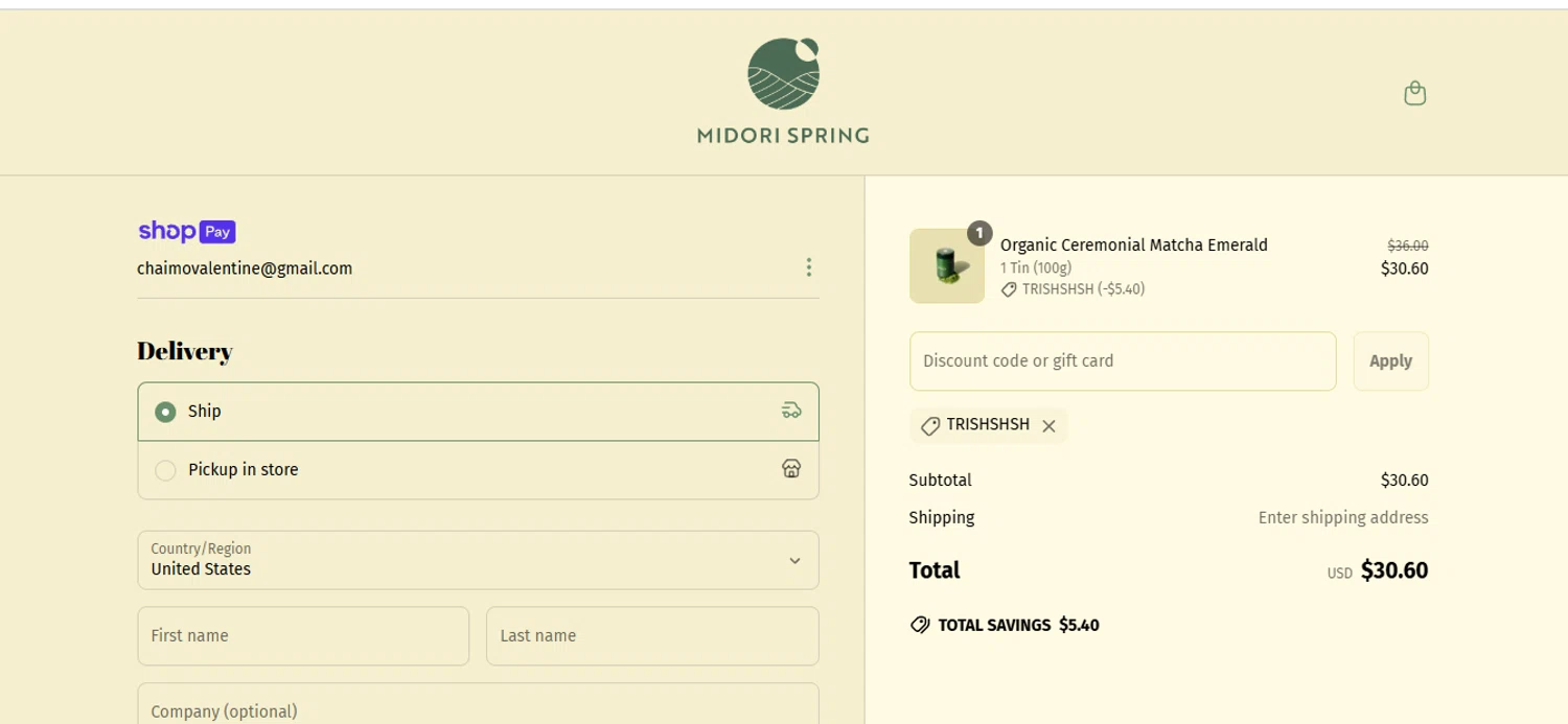 Midori Spring discount code screenshot showing code TRISHSHSH applied at Midori Spring checkout page. Uploaded by SimplyCodes community member luislopez669902715 on Jun 21, 2025