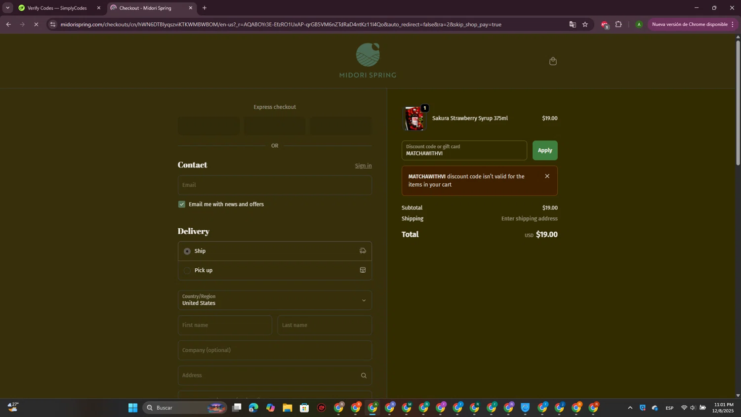 Midori Spring discount code screenshot showing code MATCHAWITHVI applied at Midori Spring checkout page. Uploaded by SimplyCodes community member CrownPioneer7057 on Dec 9, 2025