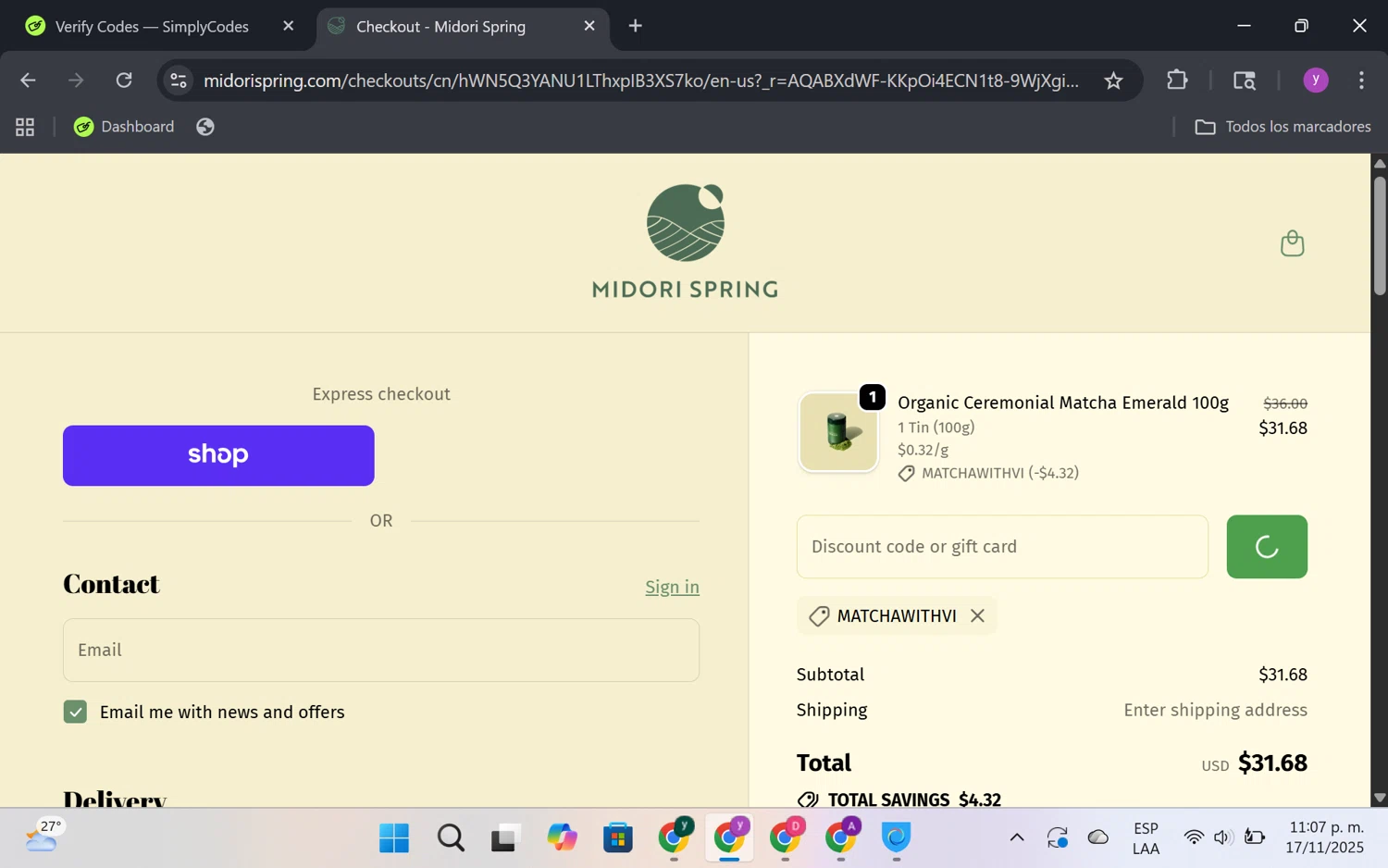 Midori Spring discount code screenshot showing code MATCHAWITHVI applied at Midori Spring checkout page. Uploaded by SimplyCodes community member FrugalKnight6753 on Nov 18, 2025