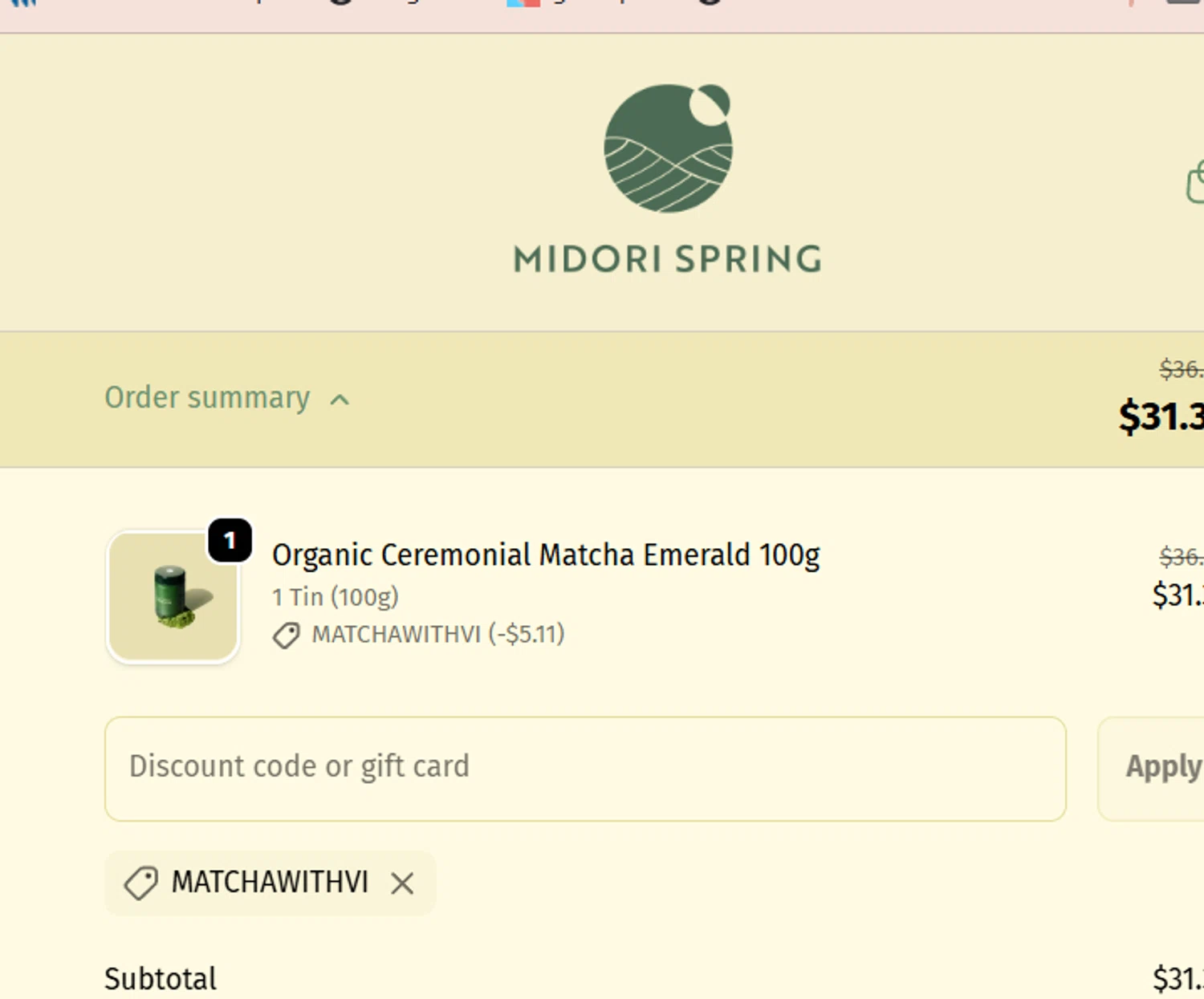 Midori Spring discount code screenshot showing code MATCHAWITHVI applied at Midori Spring checkout page. Uploaded by SimplyCodes community member luisaballera on Oct 13, 2025