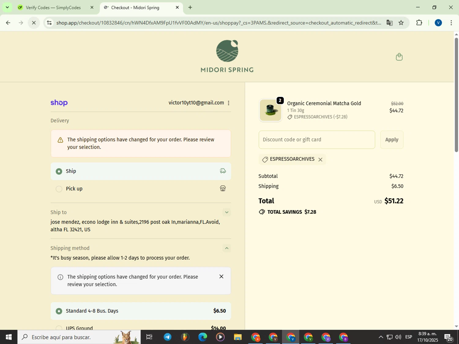 Midori Spring discount code screenshot showing code ESPRESSOARCHIVES applied at Midori Spring checkout page. Uploaded by SimplyCodes community member Garou_Y2K on Oct 17, 2025