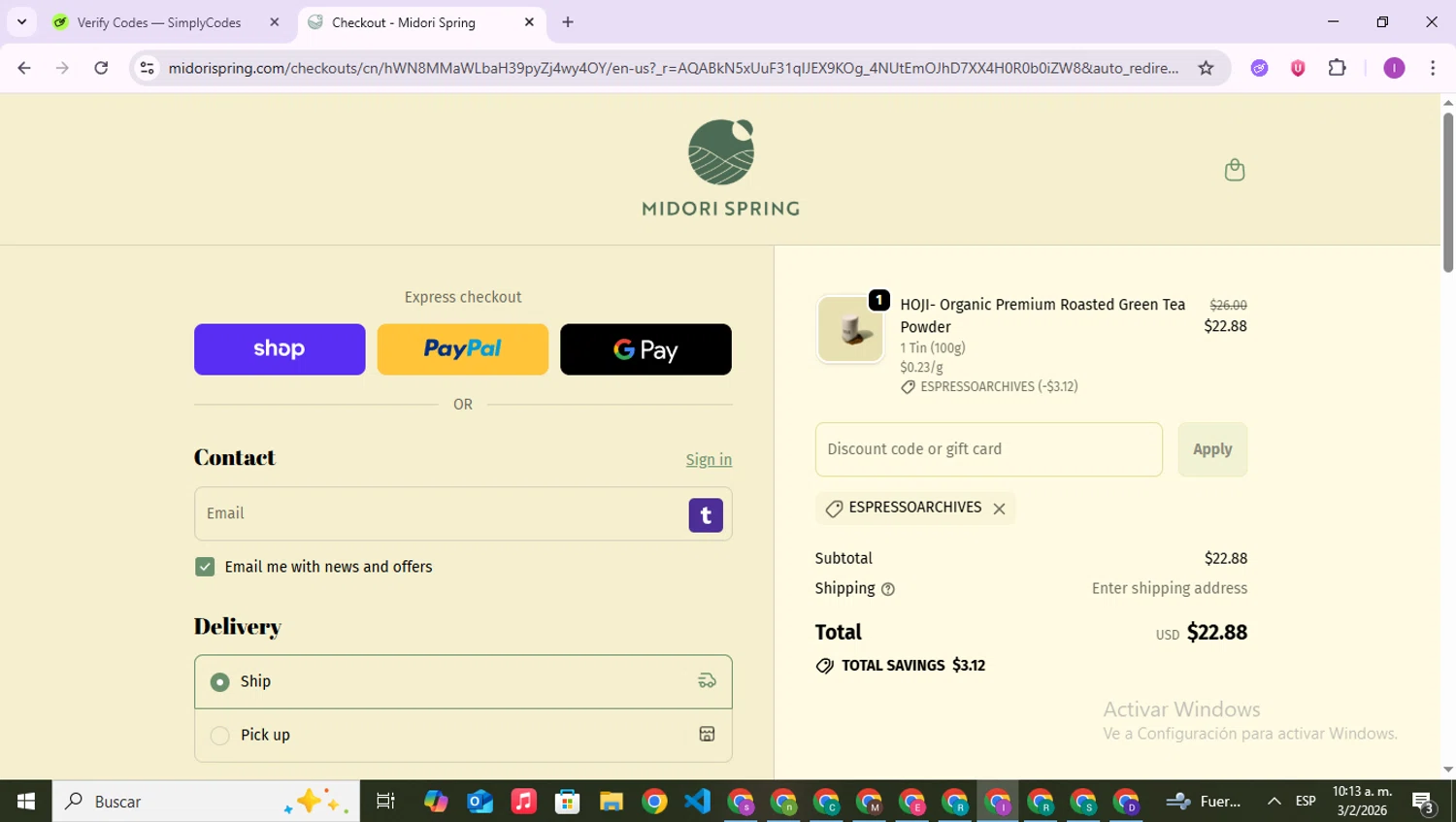 Midori Spring discount code screenshot showing code ESPRESSOARCHIVES applied at Midori Spring checkout page. Uploaded by SimplyCodes community member RebateAce6764 on Feb 3, 2026