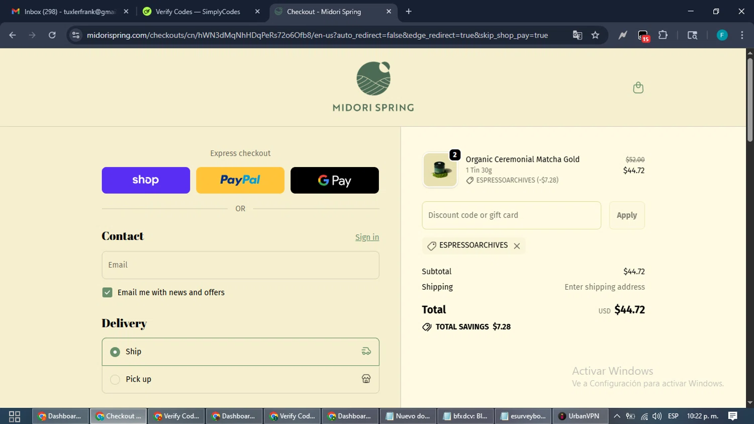 Midori Spring discount code screenshot showing code ESPRESSOARCHIVES applied at Midori Spring checkout page. Uploaded by SimplyCodes community member ShrewdTitan3233 on Oct 2, 2025